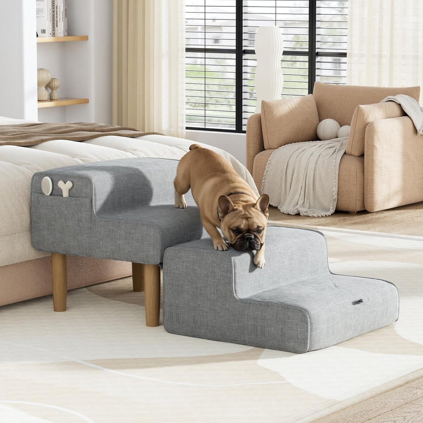 PakaLife Foldable 2-in-1 Dog Ramp Ottoman, Solid Wood Dog Steps for Bed & Couch, Washable Cover, 135lb Capacity, for Small, Senior Dogs & Old Cats to Get on Bed