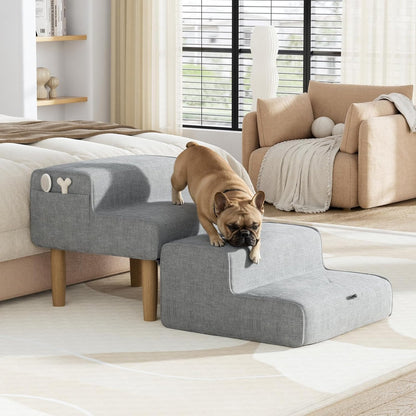 PakaLife Foldable 2-in-1 Dog Ramp Ottoman, Solid Wood Dog Steps for Bed & Couch, Washable Cover, 135lb Capacity, for Small, Senior Dogs & Old Cats to Get on Bed