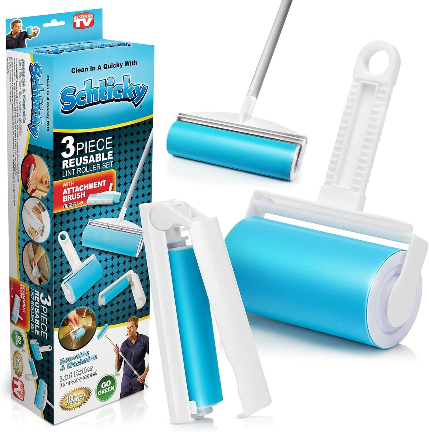 Schticky Lint Roller Set - Reusable & Washable Lint Roller Cleaner for Clothes Sofa Furniture Car Cat Dog Hair - Clean in a Quicky with Schticky (3 Piece Set)