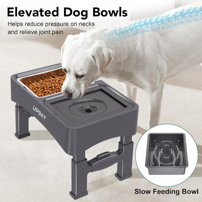 UPSKY 2-in-1 Elevated Dog Bowls Slow Feeder, 4 Height Adjustable Raised Bowl Stand, No Spill Dog Water Bowls, Anti-Slip Food and Water Bowls for Small Medium Dogs(Not Include Stainless Steel Bowl)
