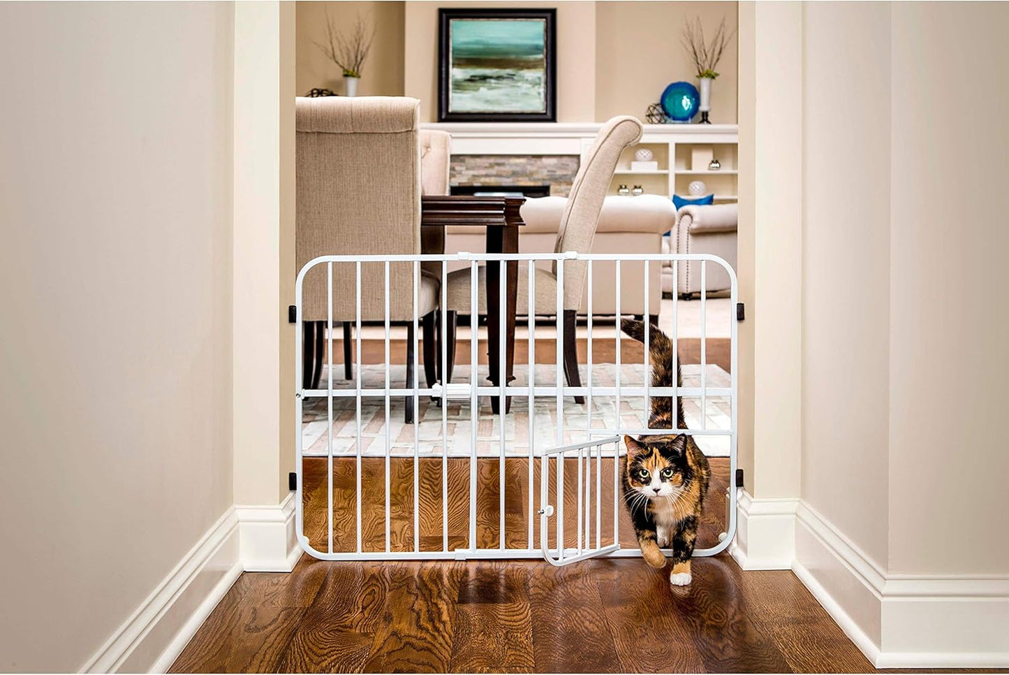 Carlson 18-30.75" Mini Expandable Dog Gate with Small Pet Door, Pressure Mounted Metal Indoor Pet Gate for Doorways & Bottom of Stairs, Cat Gate, White