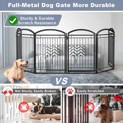 Full Metal Free Standing Dog Gate with Door for Indoor & Outdoor,96'' Extra Wide 32'' Tall Dog Gate for The Doorways,Large Openings,Decks,Porch,Pet Freestanding Safety Fence(4 Panels,Black)