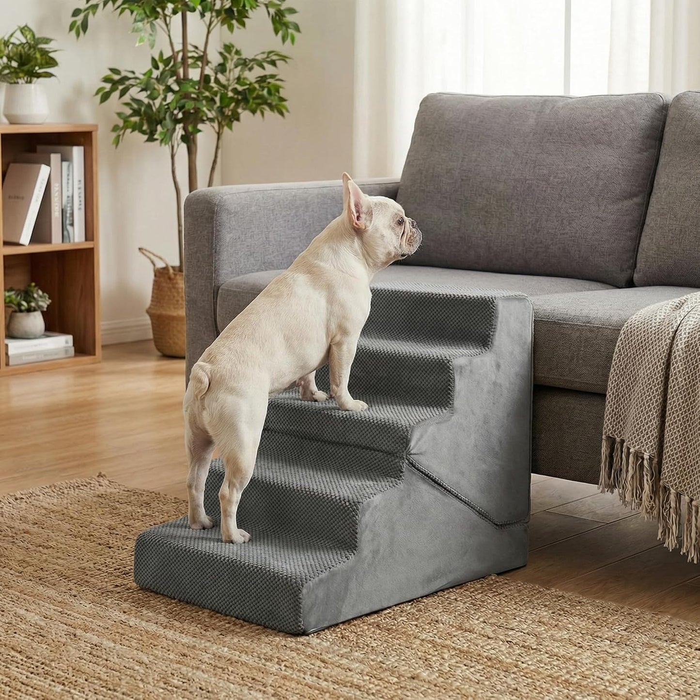 Dog Stairs for Small Dogs, 6-Step Dog Steps for High Bed, High-Density Foam Pet Stairs with Non-Slip Removable Washable Cover to Get on Bed