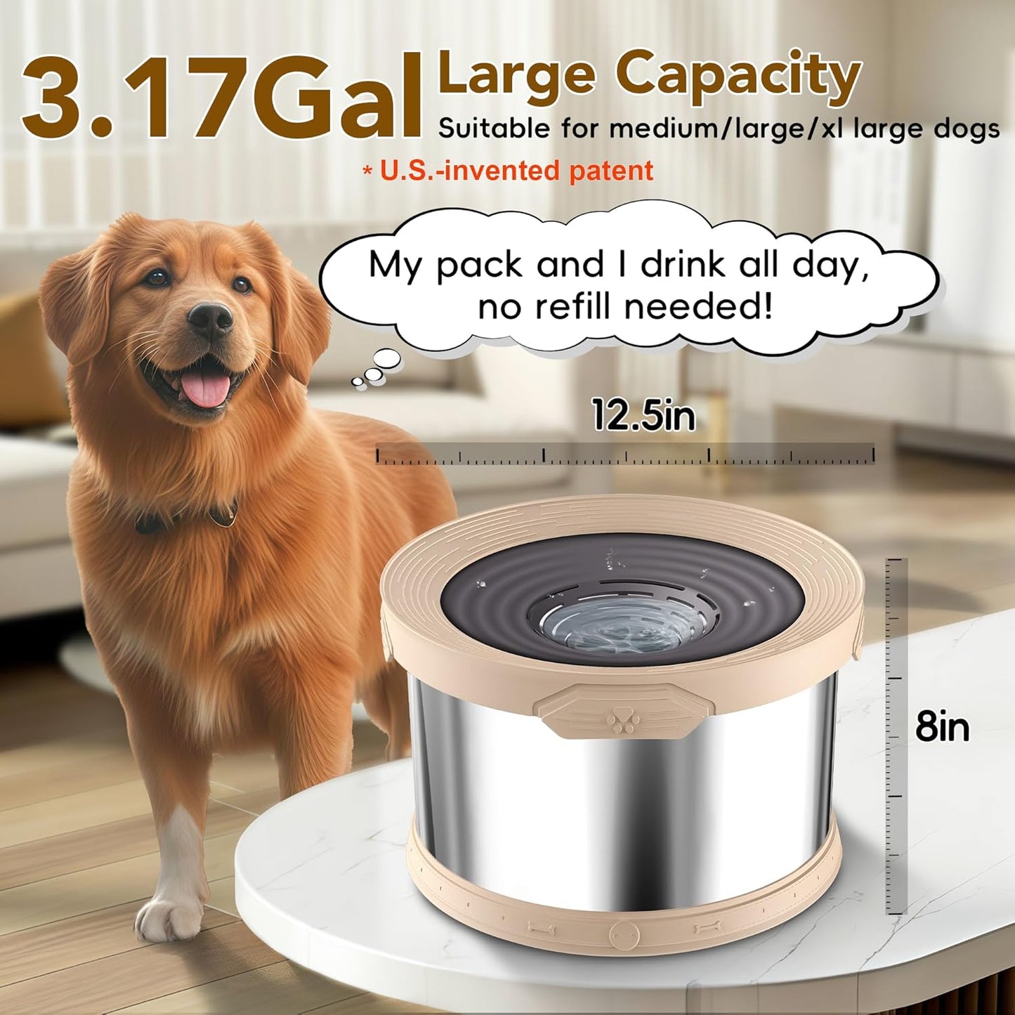 UPSKY Dog Water Bowl No Spill 10L Stainless Steel, 2.6 Gallon Large Capacity Spill-Proof Dog Bowls, Non-Slip Slow Drinking Anti-Splash Bowl for Large Messy Drinkers, No Mess Indoor/Outdoor Use, Gray
