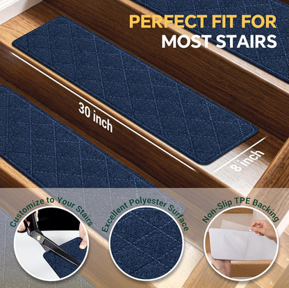 Stair Treads Non-Slip for Wooden Steps, 15Pack - 8" x 30" Edging Stair Runner Indoor for Kids Elders & Pets, Washable Carpet Stair Treads with Peel & Stick Reusable TPE Backing, Beige