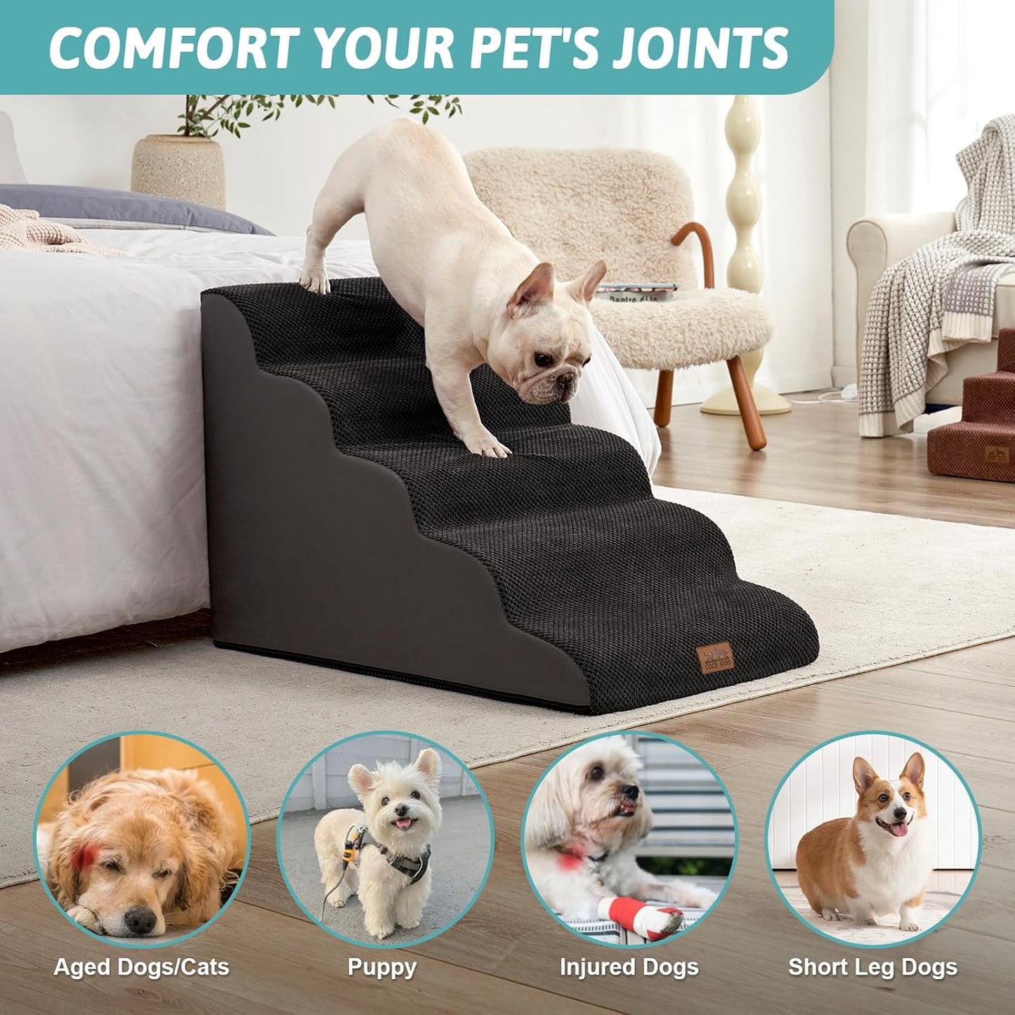 COZY KISS Extra Wide Dog Stairs with Tunnel, Foam Detachable Large Dog Step for Small Pet, Puppy or Cats, Medium Pet Ramp for High Bed, Couch, Sofa or Car, 19.7x33x22.4 inch, 5 Step, Beige