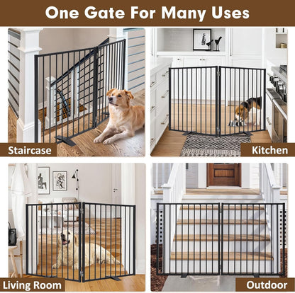 104" Extra Wide Dog Gate, Heavy Duty Metal Freestanding Dog Gate with Door for Indoor & Outdoor, Foldable Pet Fence for Doorways,House,Porch,Deck,Yard,Stairs, Auto Close(4 Panels,Black)