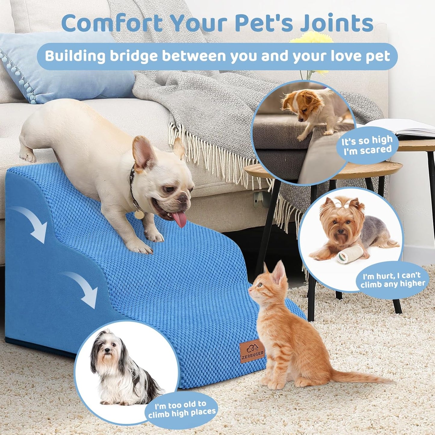 Zerbuger Dog Ramp and Stair for Bed 16" H-20 H,3-Step Cat Stair for Sofa and Chair,4-Step Dog Ramp for High Bed and Window,Durable Nonslip Fabric Cover for Indoor (Purple-20 H, Pet Friendly, 4)