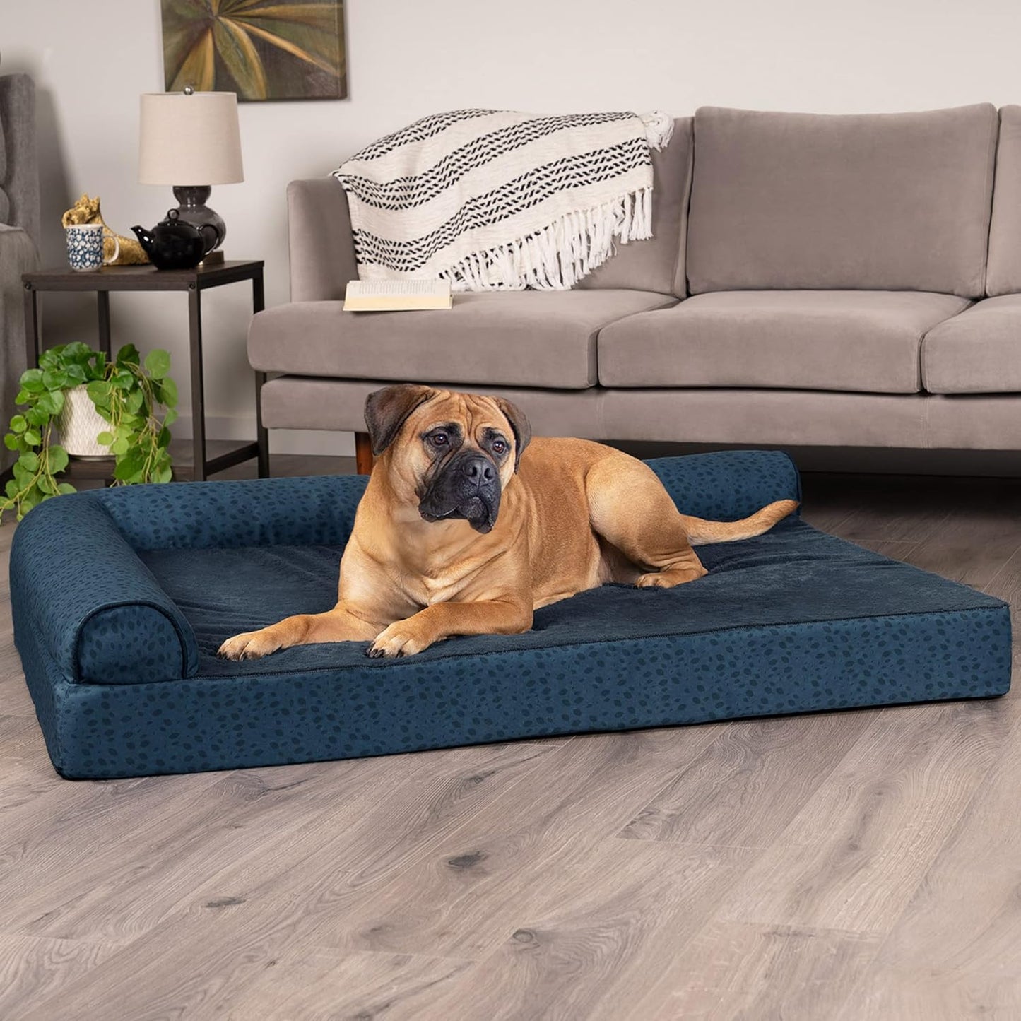 Furhaven Memory Foam Dog Bed for Large Dogs w/ Removable Bolsters & Washable Cover, For Dogs Up to 95 lbs - Two-Tone Plush Faux Fur & Suede L Shaped Chaise - Espresso, Jumbo/XL