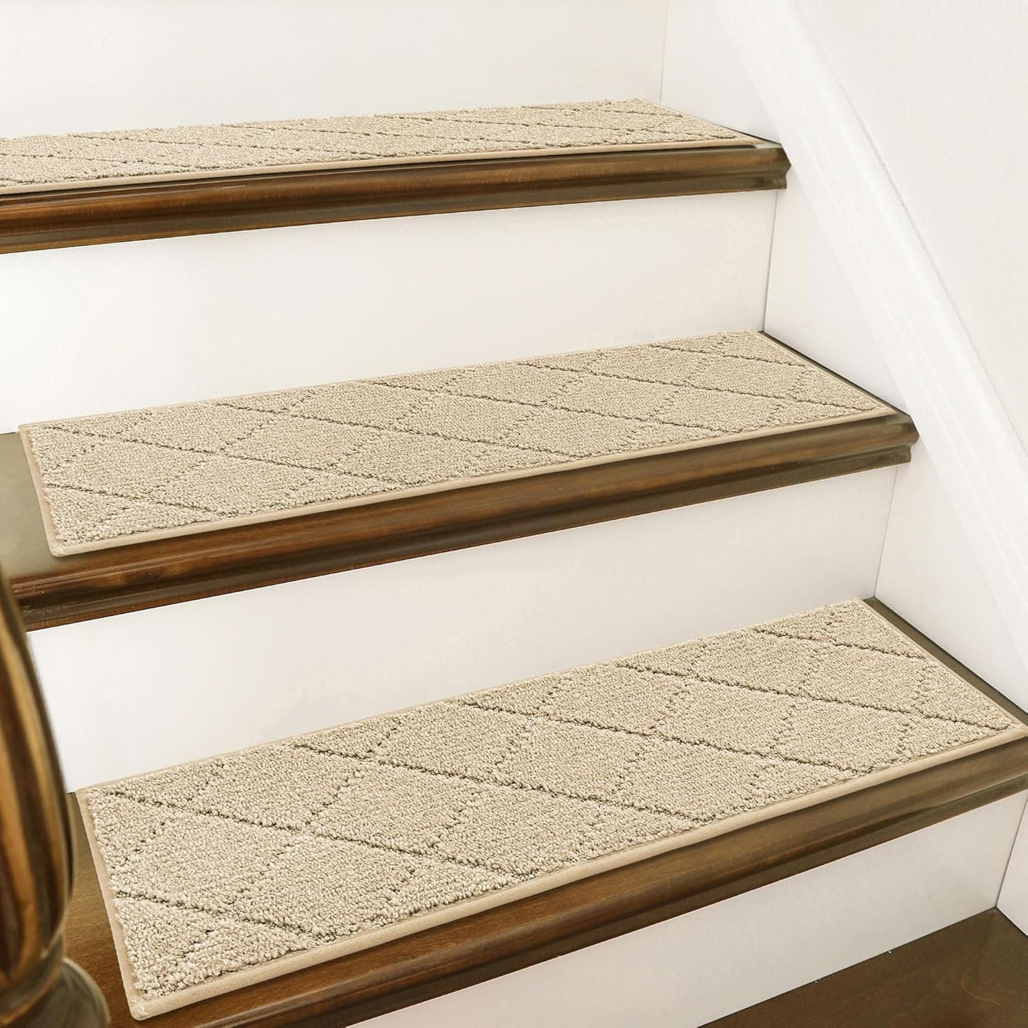 COSY HOMEER Edging Stair Treads Non-Slip Carpet Mat 28inX9in Indoor Stair Runners for Wooden Steps, Edging Stair Rugs for Kids and Dogs, 100% Polyester TPE Backing (7pc, Beige)