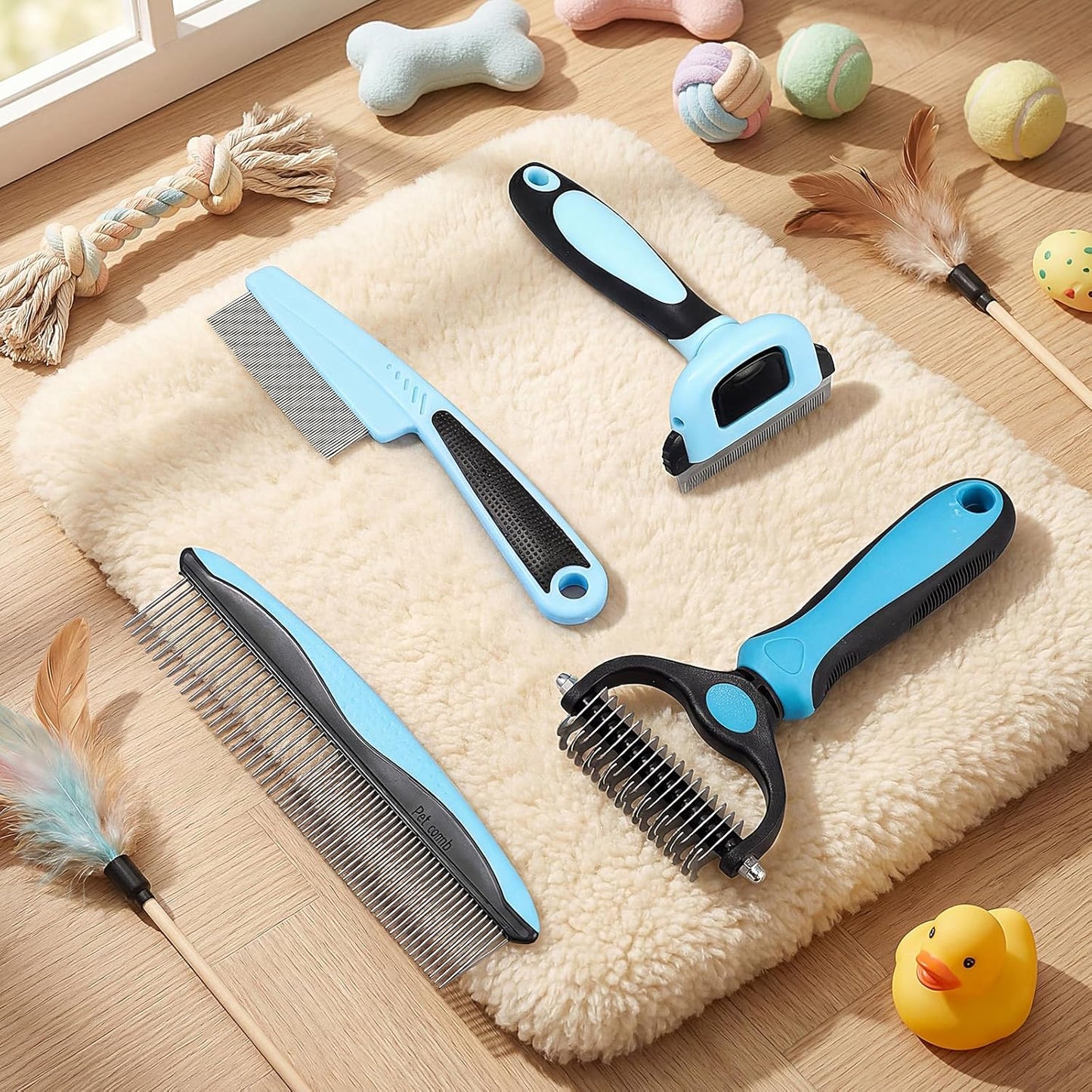 4 Pieces Pet Grooming Kit - Dematting Combs, Slicker Brush, and Steel Comb for Removing Knots and Hair from Dogs, Cats, and Poodles