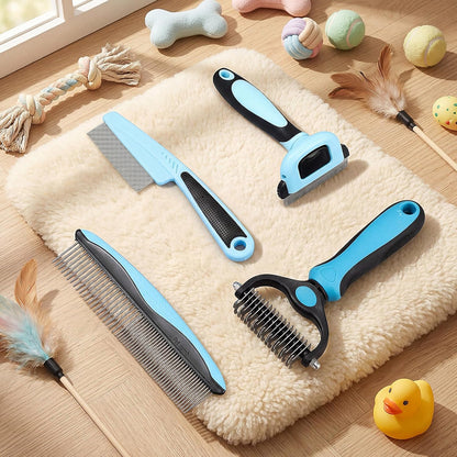 4 Pieces Pet Grooming Kit - Dematting Combs, Slicker Brush, and Steel Comb for Removing Knots and Hair from Dogs, Cats, and Poodles