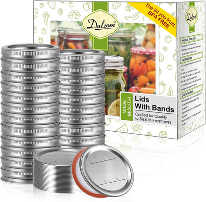 Dalzom® 24Pcs Canning Lids with 24Pcs Rings Regular Mouth, Premium Mason Jar Lids with Bands/Rings for Ball, Kerr Jars - Food Grade Material, 100% Fit & Airtight for Regular Mouth Mason Jars