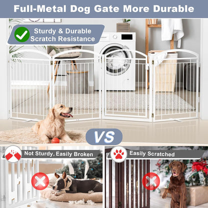 Full Metal Free Standing Dog Gate with Door for Indoor & Outdoor,96'' Extra Wide 32'' Tall Dog Gate for The Doorways,Large Openings,Decks,Porch,Pet Freestanding Safety Fence(4 Panels,Black)