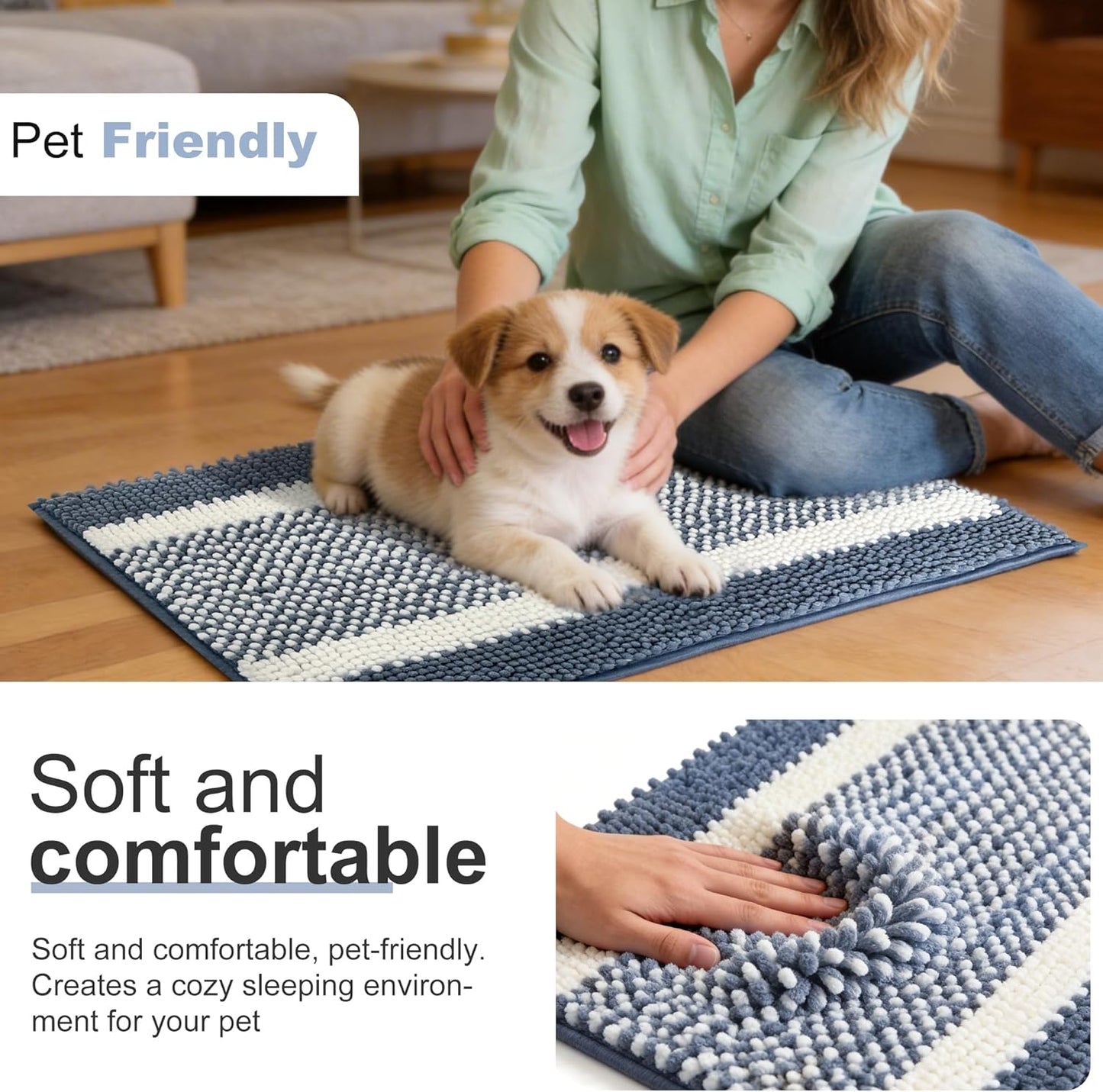 pobopobo Dog Door Mat for Muddy Paws - Absorbent & Washable Chenille Rug, Non-Slip Dirt Trapper for Indoor Outdoor Entryway, Quick Dry Pet Mat for Muddy Dogs (Striped Gray-Blue&White, 24" x 16")