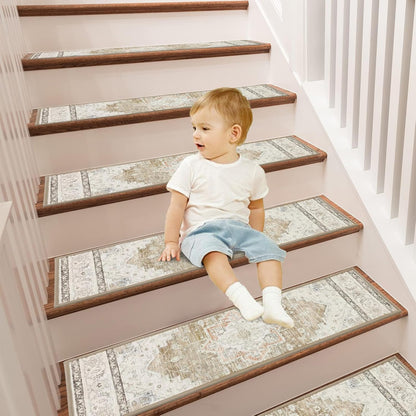 Pauwer Carpet Stair Treads for Wooden Steps Indoor 15 Pack 8" X 30" Peel and Stick Stair Treads Non Slip Staircase Step Treads Reusable Stair Runner Rugs for Dogs, Kids and Elders