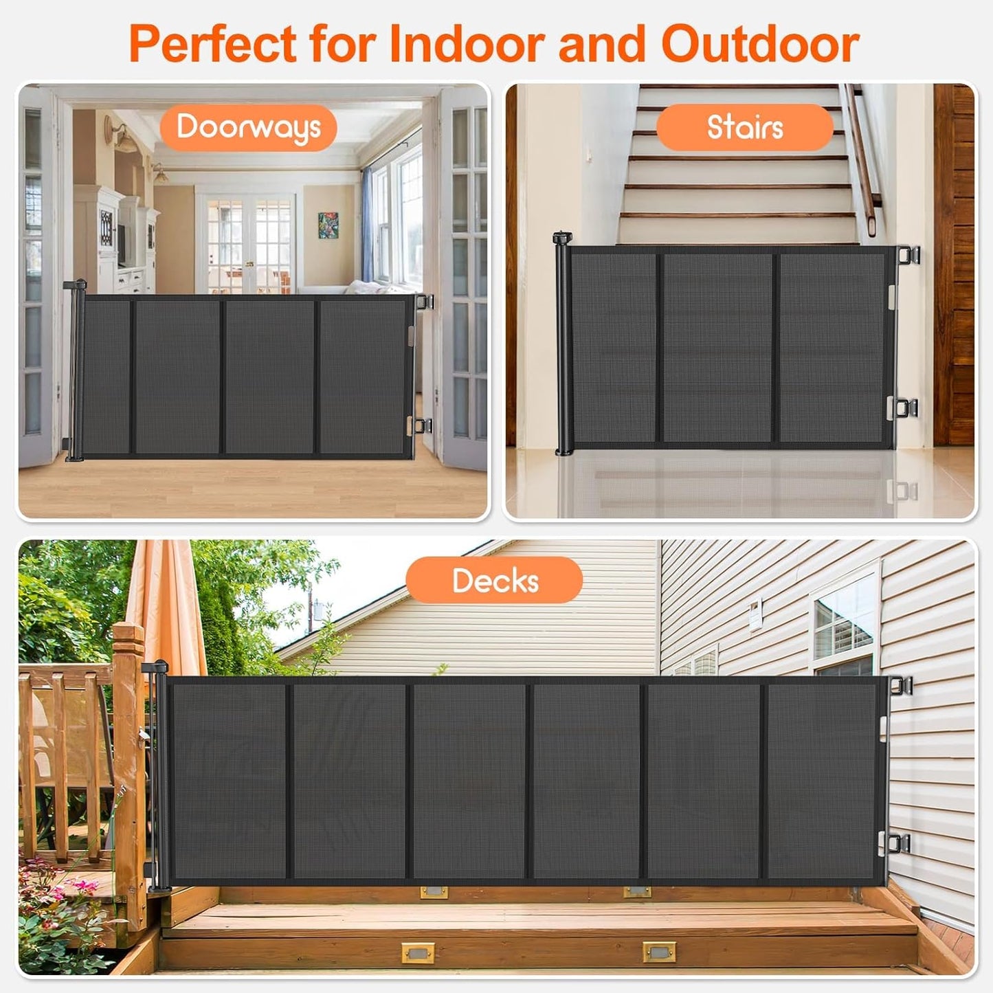 Upgrade 120 inch Retractable Baby Gates, EZIGO Extra Wide Baby Gate for Large Opening Extra Long Mesh Gate for Kids or Pet Dog Gate Child Safety Gate for Stairs Hallways Doorway Indoor Outdoor, Gray