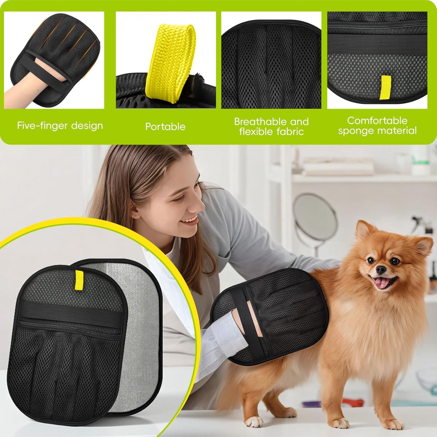 Pet Hair Removal Glove for Dog & Cat, Electrostatic Reusable Magic Brush Pet Hair Remover Tool, New Upgraded 5-Finger Design, Cleaning Static Cat Grooming Gloves for Furniture, Couch, Car Seat, Carpet