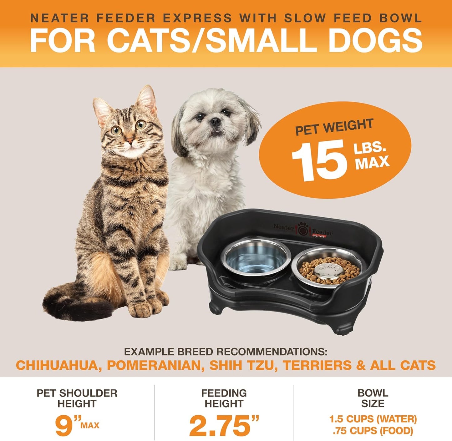 Neater Feeder Express Mess Proof Dog Bowls Elevated for Small Breeds under 15 Lb, Made in USA, No Spill Raised Dog Food Bowl Stand, Stainless Steel Food and Water Bowl Set, Feeding Station, Cappuccino