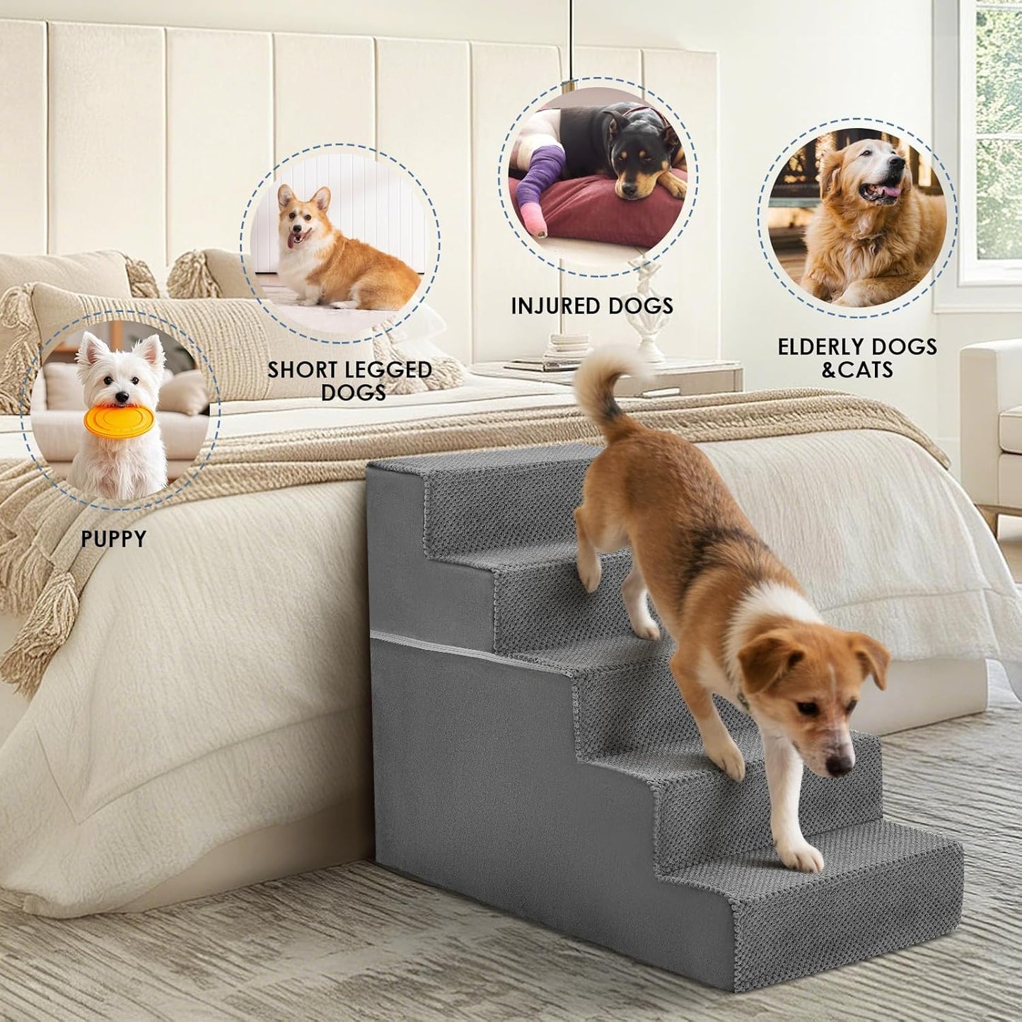 DUMOS Dog Stairs for Small and Medium Dogs, 3-Step Pet Steps with High-Density Foam, Indoor Non-Slip Pet Ramp for Puppy and Older Dogs Cats, Dog Bed Stairs for Couch and Sofa, Grey