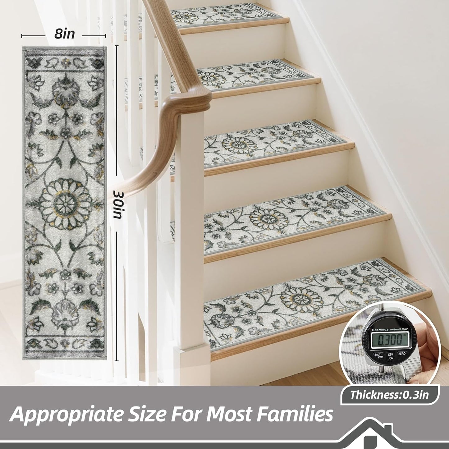 BEQHAUSE Stair Treads for Wooden Steps Non-Slip Machine Washable Carpet Stair Treads 8"X30" Soft Indoor Stair Runner for Kids Elders and Pets, 100% Polyester, TPE Backing, 15pcs, Brown/Grey