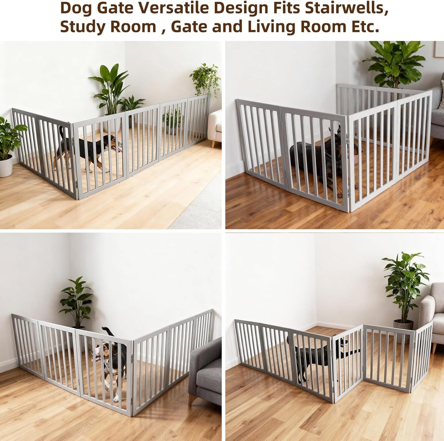 ZJSF Freestanding Indoor Dog Gate for House Foldable Wood Brown Puppy Gate for Doorways Pet Gate for Stairs Extra Wide Pet Fence 24" Height 2 Panels