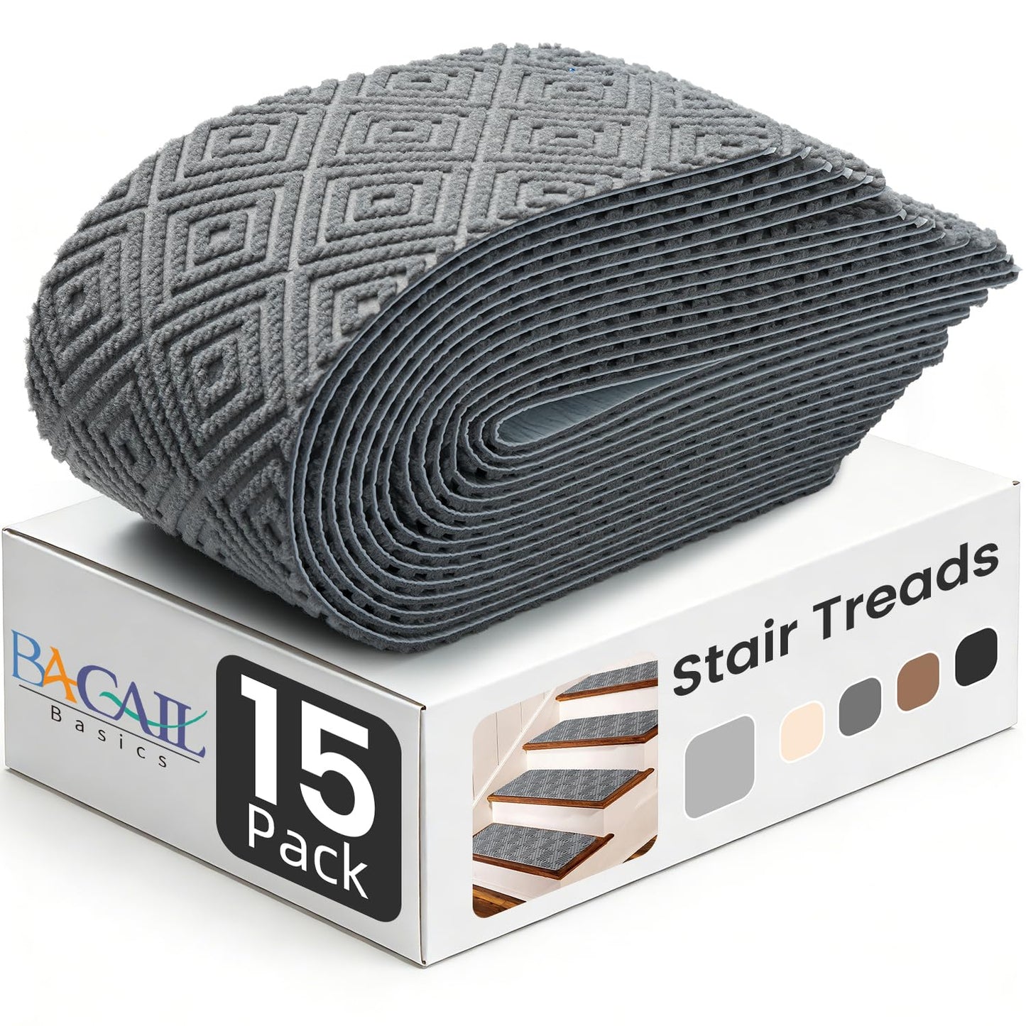 BAGAIL 15 Pack Non-Slip Stair Treads for Wooden Steps, 8"x30" Peel and Stick Carpet Stair Runners, Machine Washable Indoor Step Covers with No-Residue Adhesive for Dogs, Kids & Elderly - Dark Gray