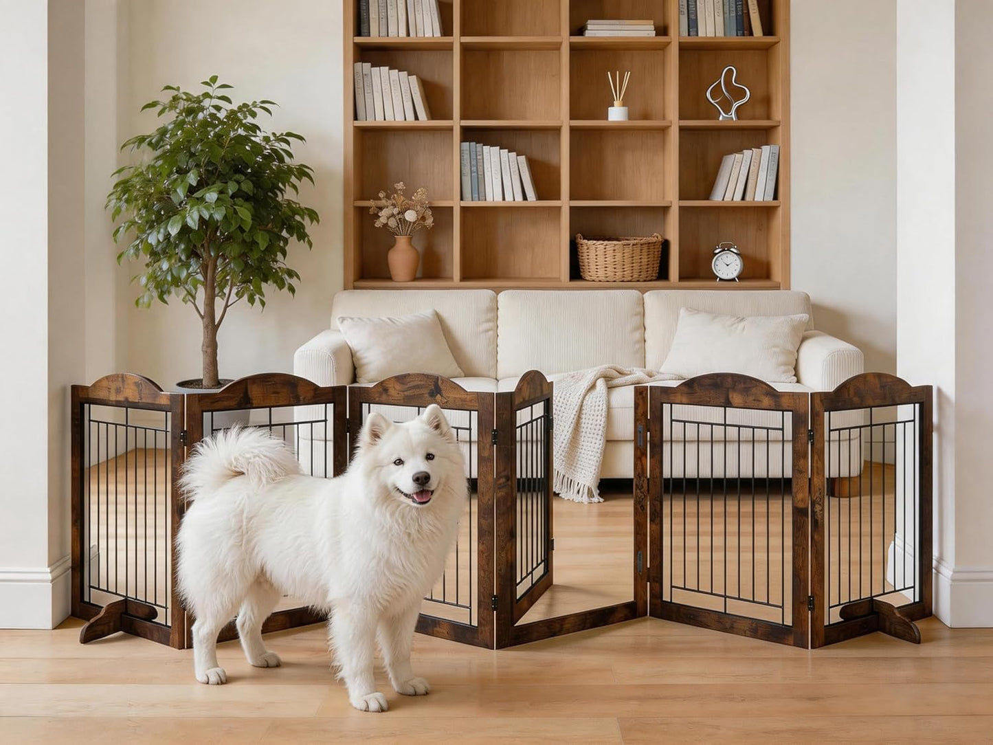 Vantas Espresso Wooden Folding Dog Gate 144" Wide x 30" Tall with Door, Freestanding Pet Gate, Pet Puppy Safety Fence