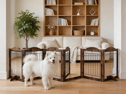 Vantas Espresso Wooden Folding Dog Gate 144" Wide x 30" Tall with Door, Freestanding Pet Gate, Pet Puppy Safety Fence