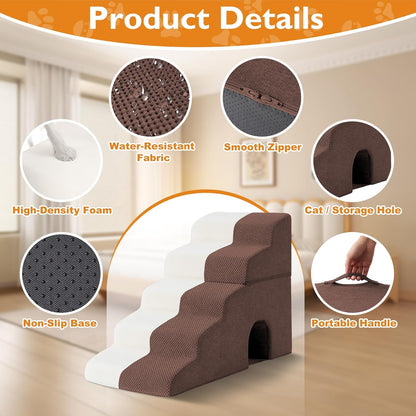 Dog Stairs for Bed 23’’ H, 5-Step Dog Steps for High Bed, Foldable Pet Stairs for Small Dogs and Cats to Get on Beds, Couch, Non-Slip Balanced Pet Steps and Ramp with Waterproof Cover, Grey