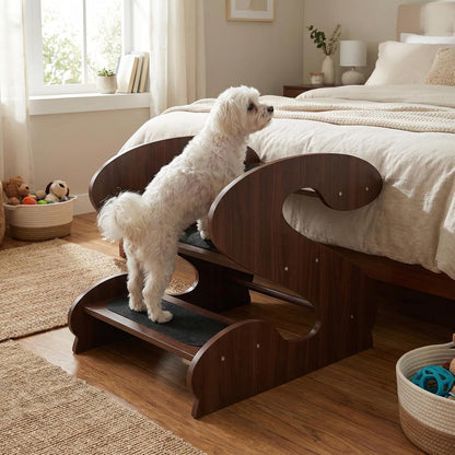 Wooden Dog Stairs Steps for Bed,3Steps,Small or Senior Dogs for Pet LUNDERLAND Design,16¾"Wx23¼Dx19⅜H RedWalnutWood GrainPattern