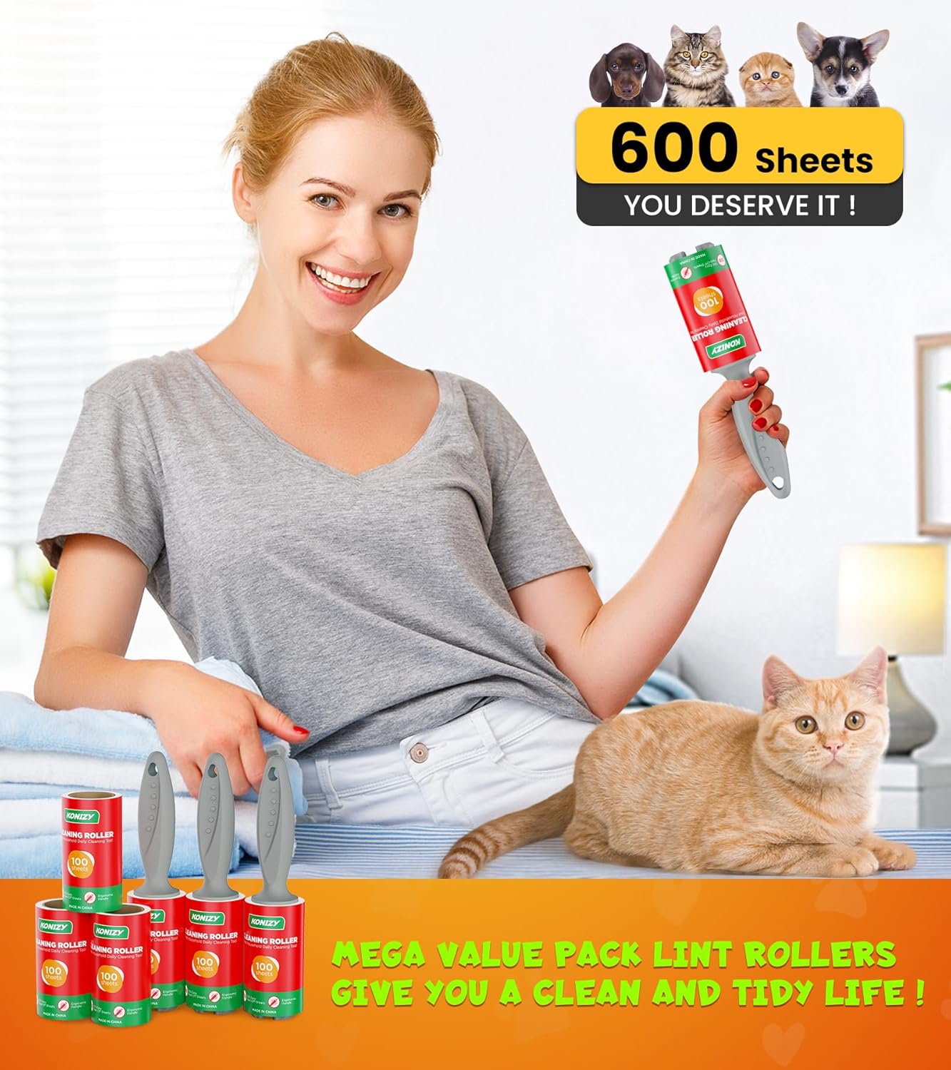 Lint Rollers for Pet Hair Extra Sticky, 500 Sheets Mega Value Set Roller with 2 Upgraded Handles, 5 Portable Lint Roller for Clothes, Furniture, Carpet, Dog & Cat Hair Remover