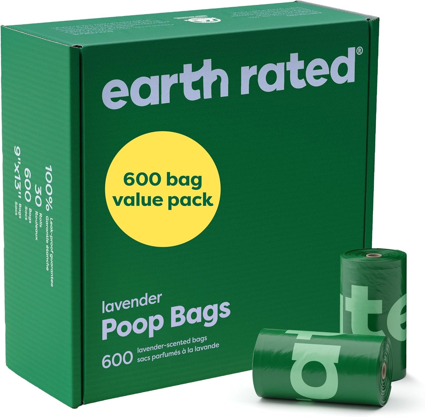 Earth Rated Dog Poop Bags Value Pack, Leak-Proof and Extra-Thick Pet Waste Bag for Big and Small Dogs, Refill Rolls, Unscented, 600 Count