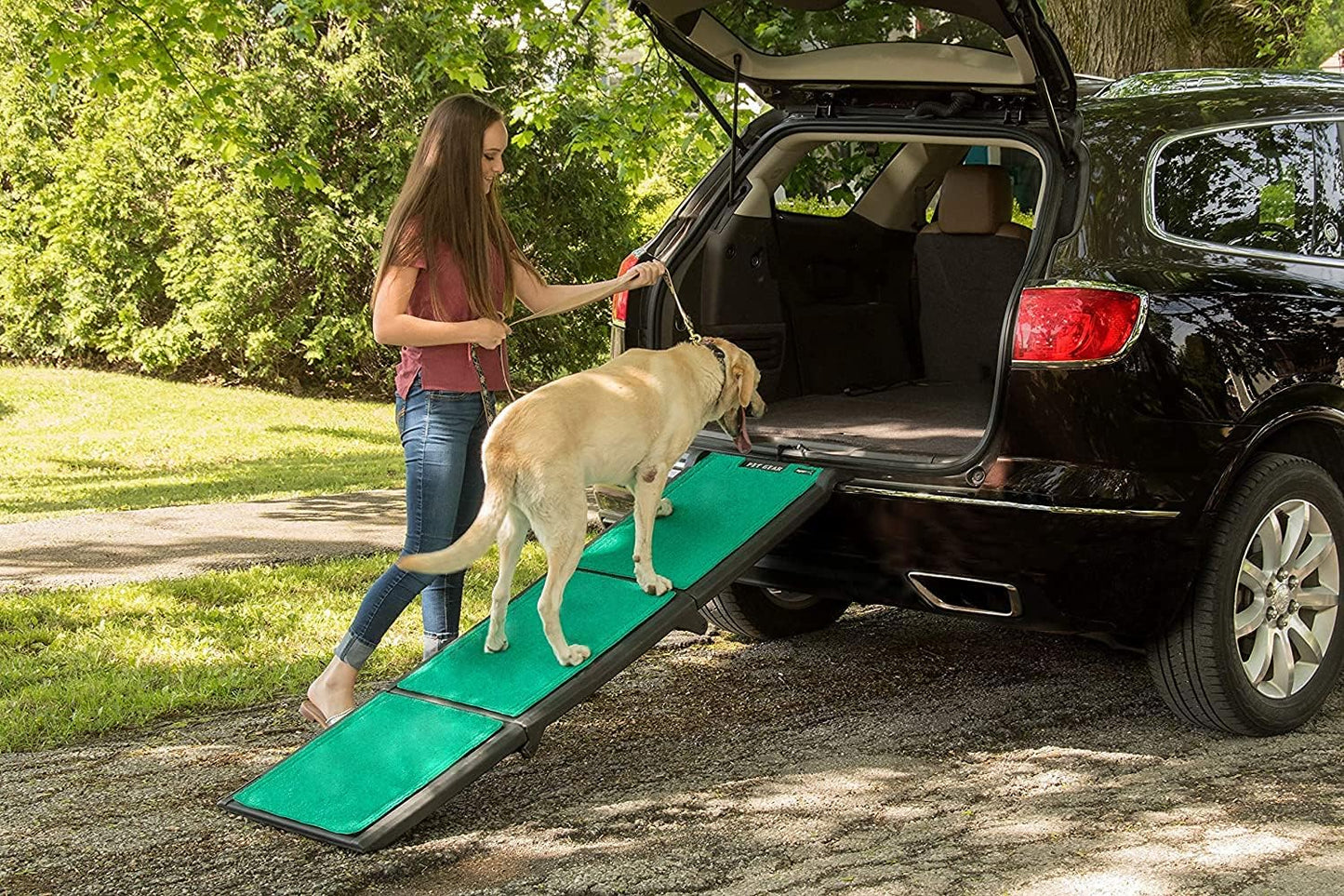 Pet Gear Tri-Fold Portable Pet Ramp for Dogs and Cats, 71" Long, Extra Wide, Holds up to 200lbs, Patented Design, Compact/Easy Fold with Safety Tether, Titanium