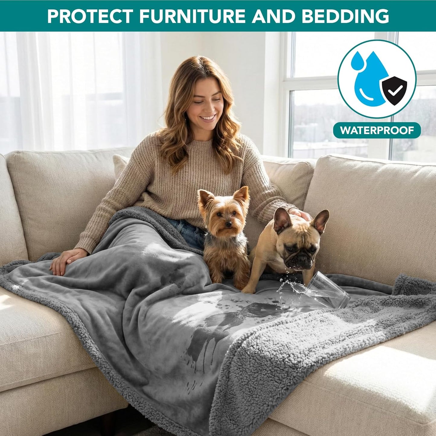 PetAmi Waterproof Dog Blanket for Couch, Large 60x40, Pee Proof Sherpa Fleece Reversible Pet Throw, Furniture Protector for Bed Sofa Kennel, Soft Washable Cover for Medium Dogs Cats, Grey Sherpa