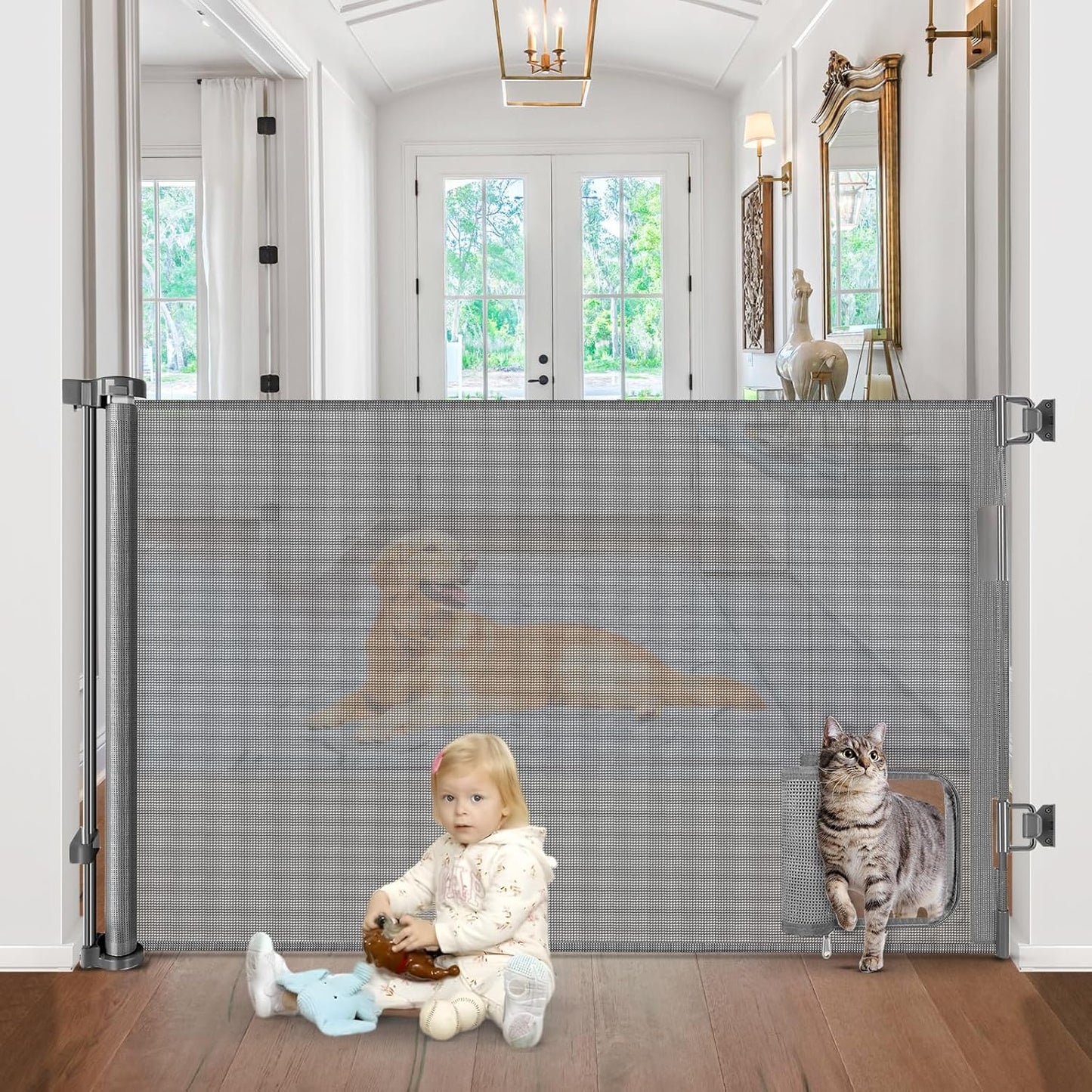 Retractable Baby Gates with Door 55" Wide Retractable Dog Gate with Pet Door Outdoor Retractable Gate for Dogs Mesh Baby Gate Retractable Pet Gate with Cat Door Retractable Child Gates for Doorways