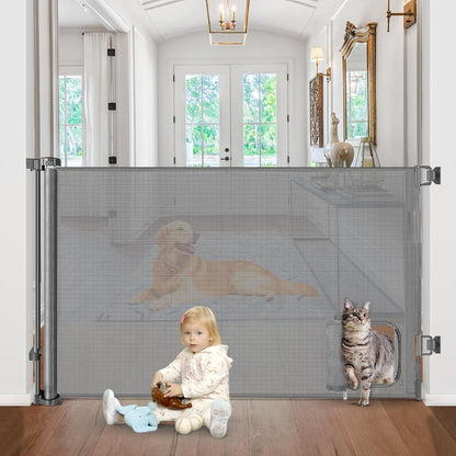 Retractable Baby Gates with Door 55" Wide Retractable Dog Gate with Pet Door Outdoor Retractable Gate for Dogs Mesh Baby Gate Retractable Pet Gate with Cat Door Retractable Child Gates for Doorways