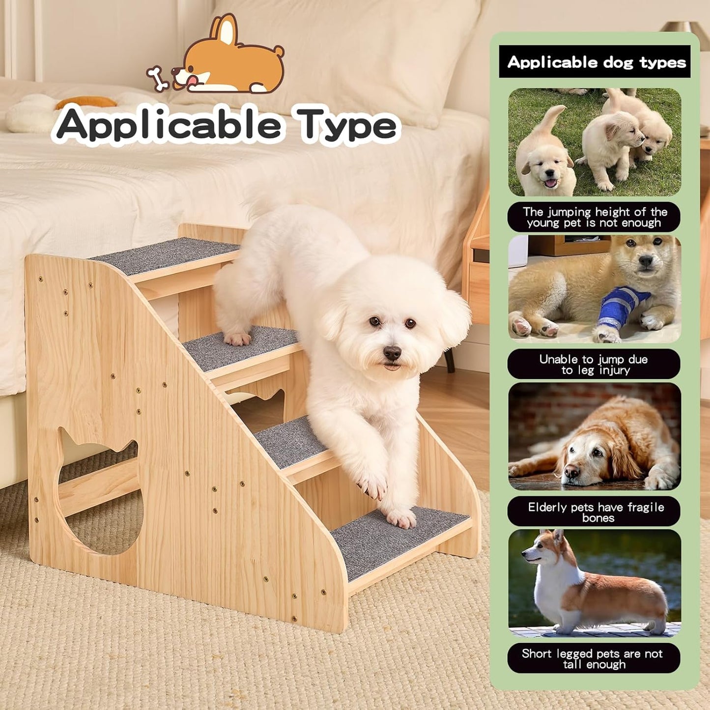 Dog Stairs for Small Medium Large Dogs 14.17" H Load Capacity 150lbs Solid Wood Non-Slip Sturdy Pet Steps for Bed & Couch 3 Step 15.75 * 16.93 * 14.17"