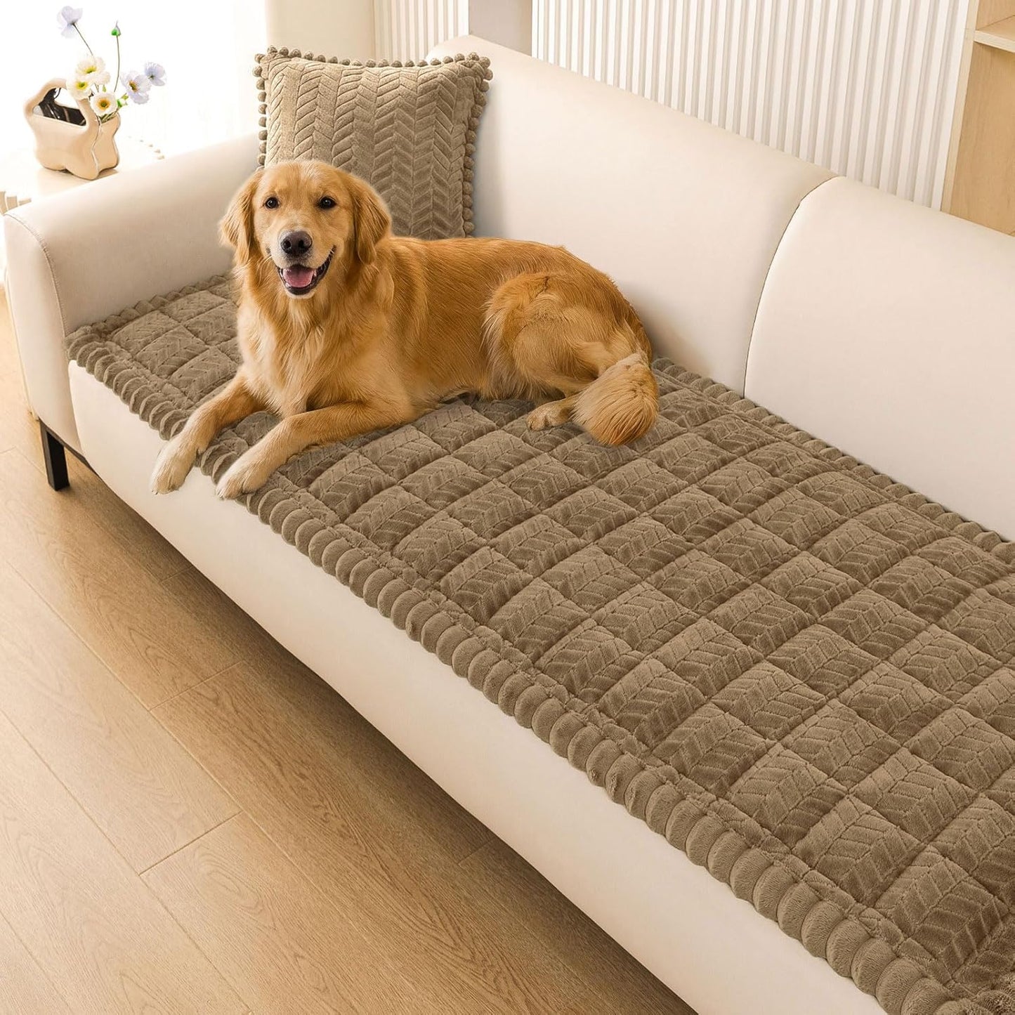 Smiry Non Slip Couch Covers for Dogs, Fuzzy Pet Couch Covers for 2-3 Cushion Sofa Pet Friendly, Soft Sofa Slipcovers Cushion Furniture Protector Washable (Beige, 27.6" x 59")