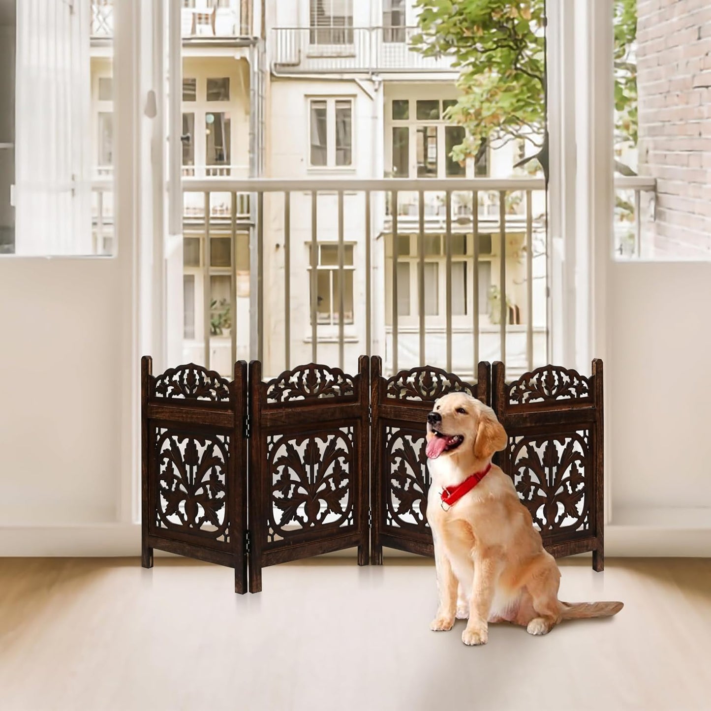 Freestanding Pet Gate for Dogs, Foldable Wooden Dog Gate for House, Indoor Dog Gate for Stair, Doorway, House Design Gates for Dogs Indoor, 72 Inch Wide, (18" x4 Panels 72 inch), Burnt Finish