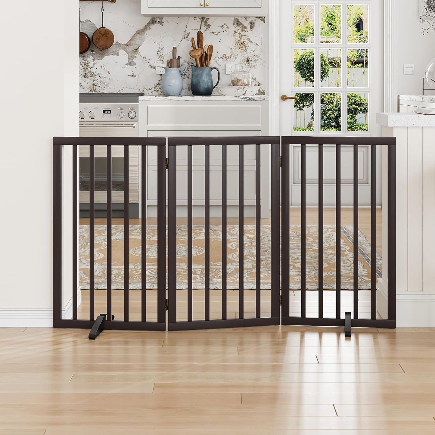Dog Gate 32" Tall Foldable Dog Gate for Doorways Freestanding Pet Gate for Dogs Indoor (Walnut, 3 Panel)