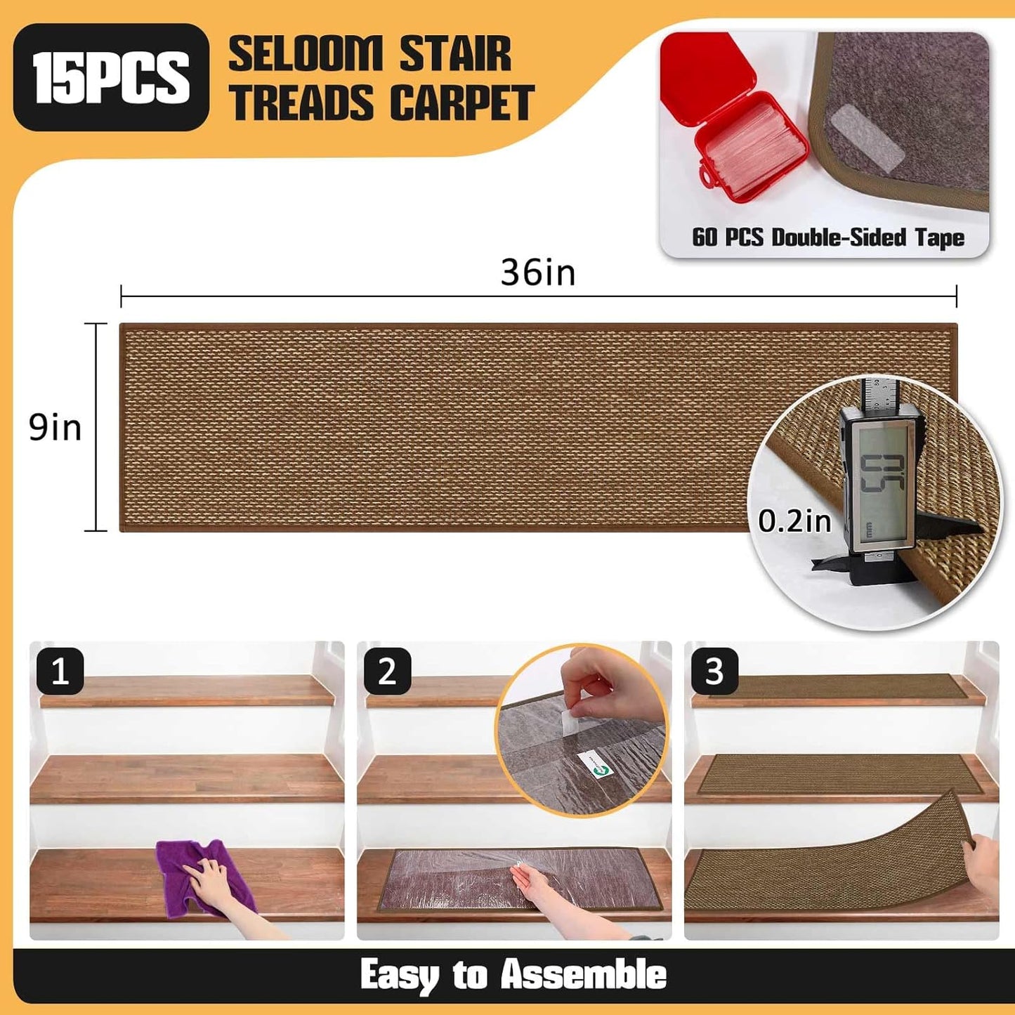 Stair Treads Non Slip for Wooden Steps Indoor 9" x 36" 15 Pack Extra Wide Stairs Tread Carpet Runner, Step Pads with Reusable Adhesive for Dogs Kids Elders, Machine Washable, Black