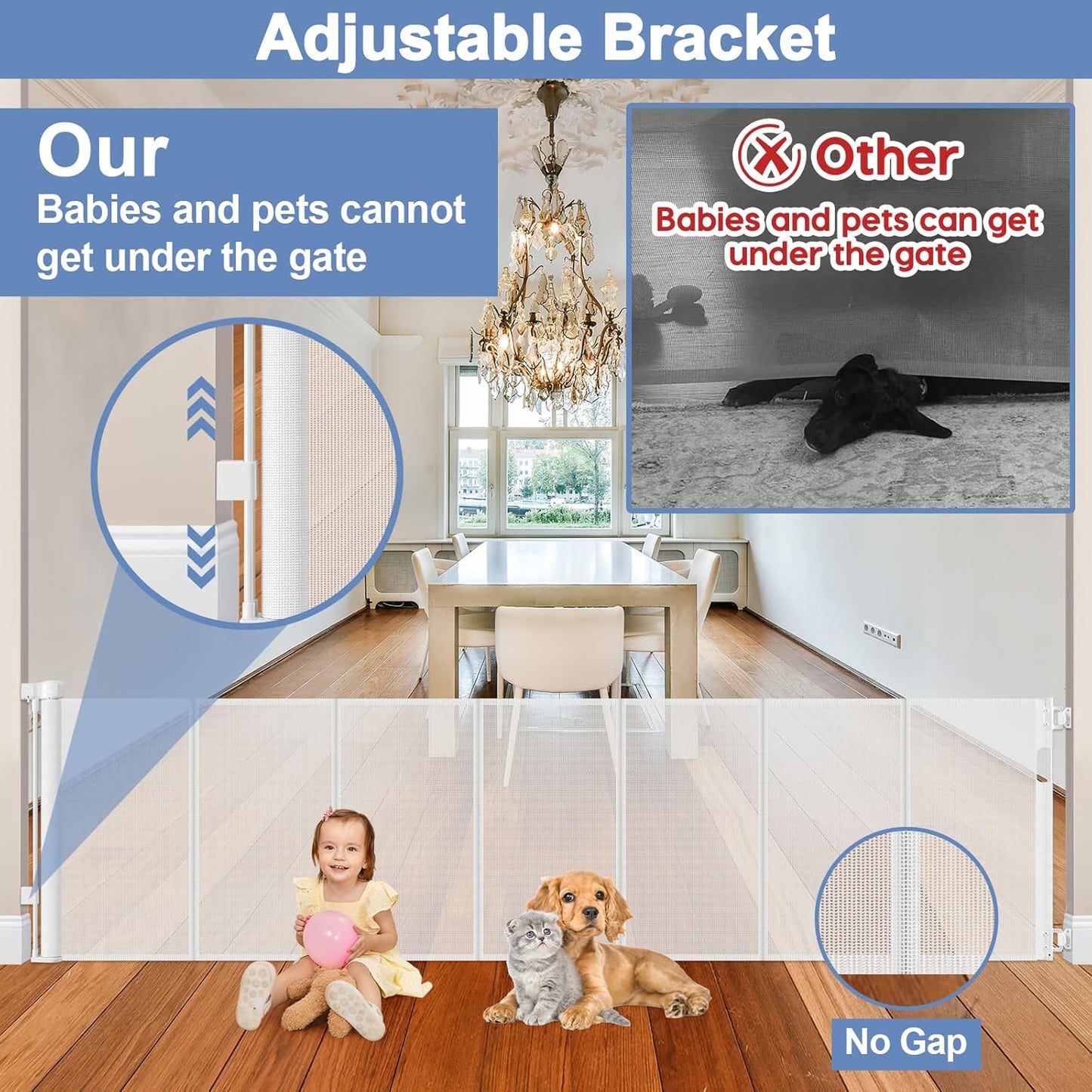 Reinforced 90 Inch Retractable Baby Gates Extra Wide Baby Gate with Reinforced Strips, 7.5ft Long Retractable Dog Gate for The House 33 Inch Tall Extra Long Pet Gates for Wide Openings, Black
