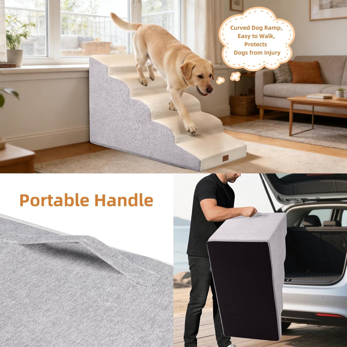 Dog Stairs for Small Dogs and Cats, 15.7" H, 3-Step Curved Pet Ramp for Couch Sofa and Chair, Non-Slip Medium Pet Steps with High Density Foam, Beige