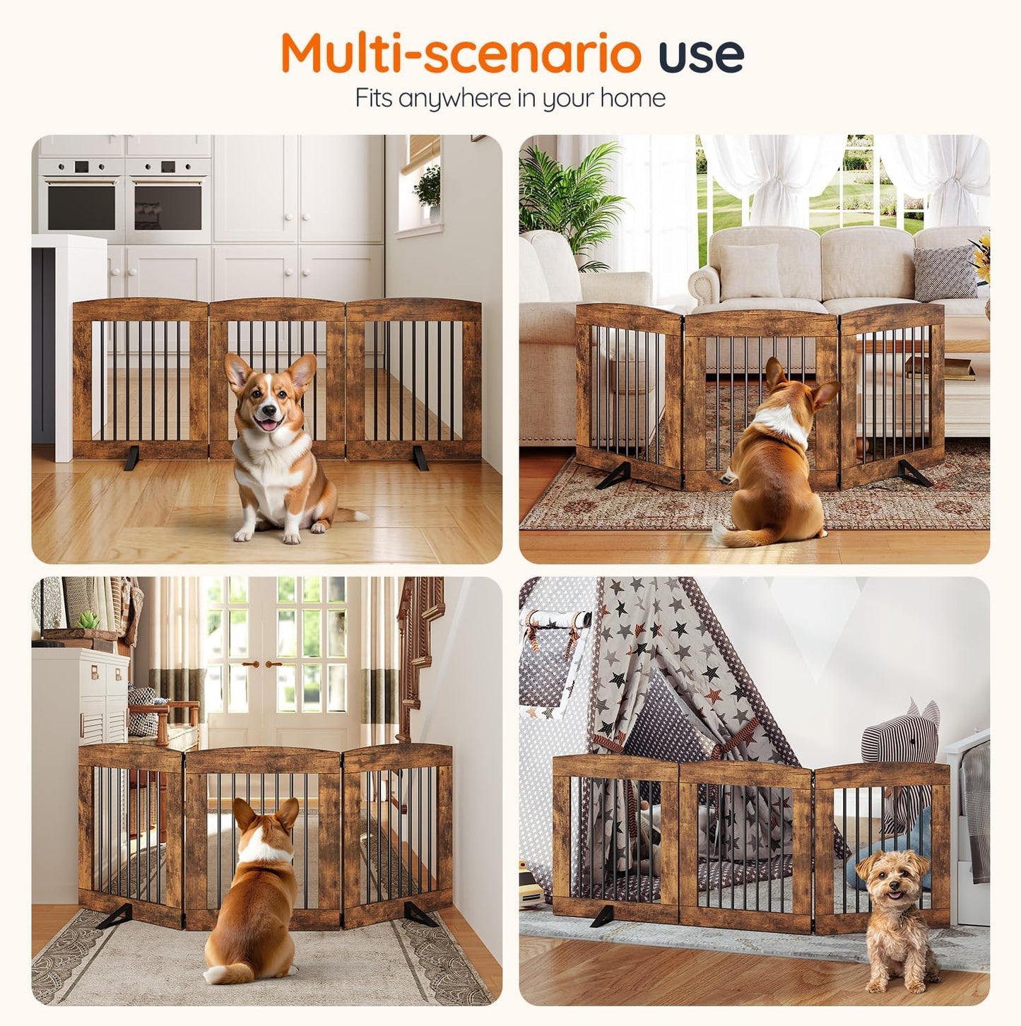 HOOBRO Indoor Dog Gate with Support Feet, Freestanding Pet Gate for Doorway, Stairs, 31.5 Inch 3 Panels, Folding Dog Fence, 360° Hinge for Easy Access, Sturdy Iron Pipe, Rustic Brown BF06PP03