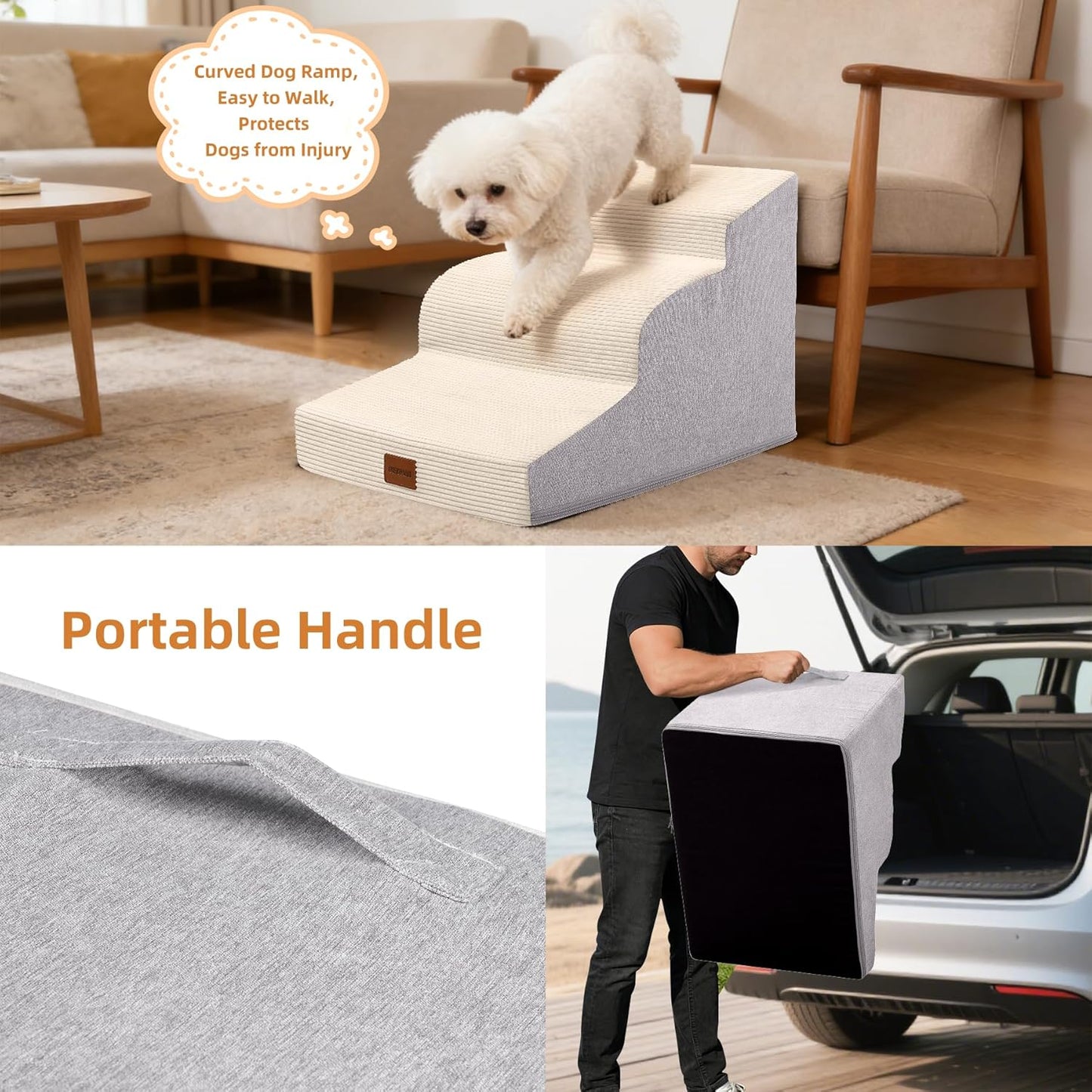 Dog Stairs for Small Dogs and Cats, 15.7" H, 3-Step Curved Pet Ramp for Couch Sofa and Chair, Non-Slip Medium Pet Steps with High Density Foam, Beige