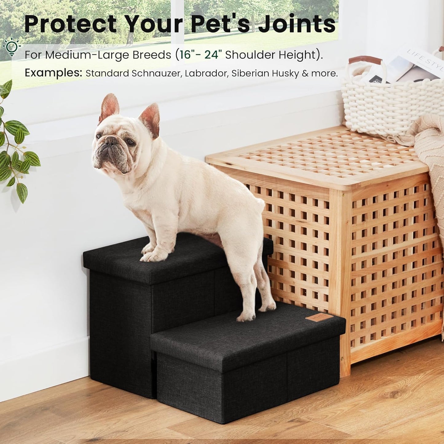 Love's cabin Dog Stairs with Storage 13" H, Foldable Pet Stairs for Small Medium or Large Dogs, Cat Puppy Steps Ramp with Zip up to 150 lbs, Solid Grey, 2 Steps