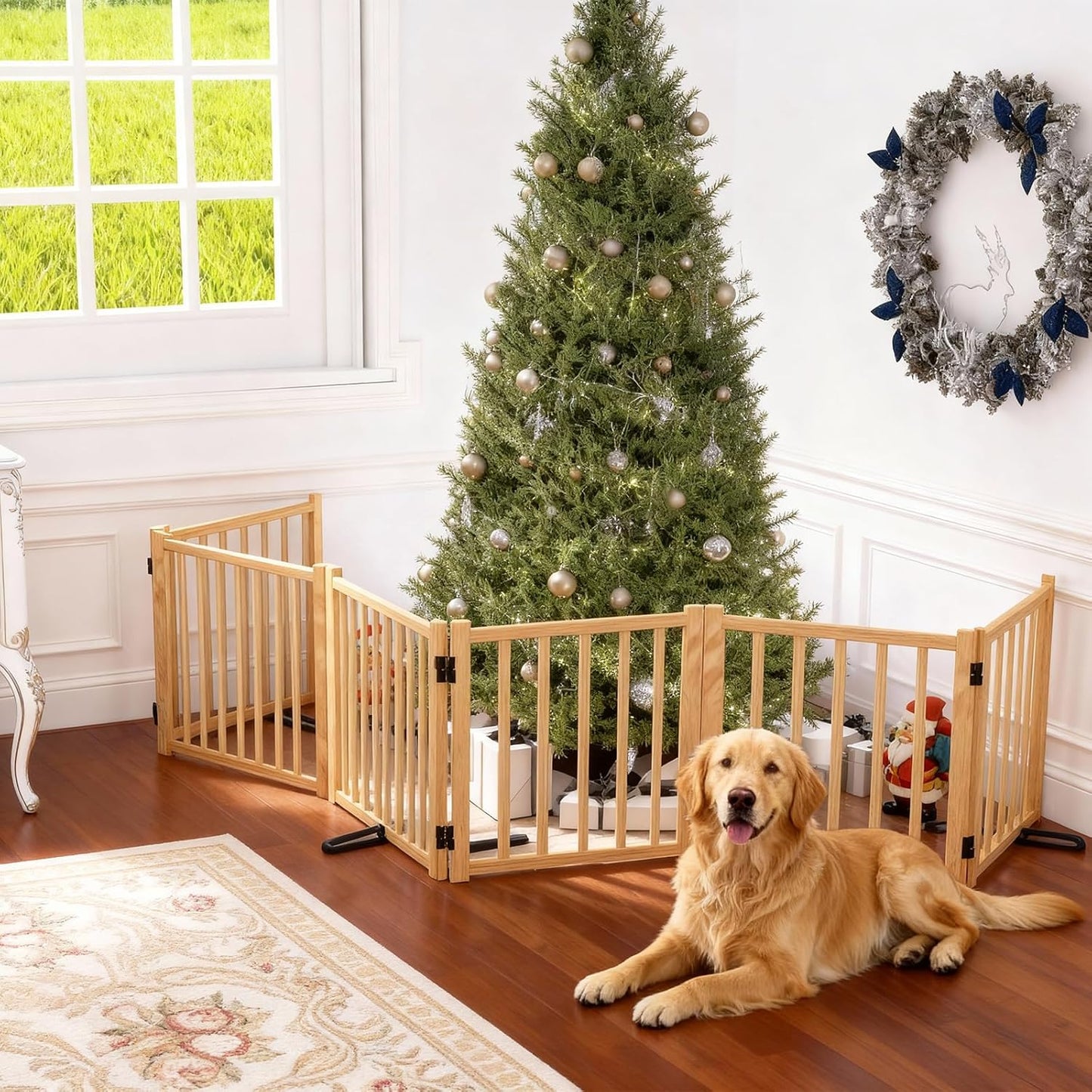 YOCAN Non-Painted Wood FreeStanding Pet Gate for Dogs,Wooden Dog Gates for Doorways, Stairs,The House, Dog Fences Indoor Puppy Gate-2 Panel H:23”