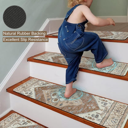 OJIA Non-Slip Carpet Stair Treads for Wooden Steps Set of 15, 30''X8'' Indoor Runner Resistant Rugs Rubber Safety Mats for Dogs, Kids & Elders, Stairway Grip
