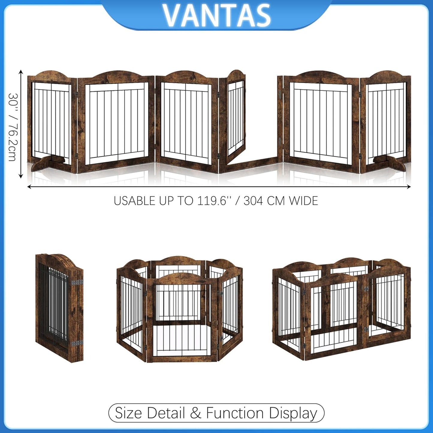 Vantas Espresso Wooden Folding Dog Gate 144" Wide x 30" Tall with Door, Freestanding Pet Gate, Pet Puppy Safety Fence